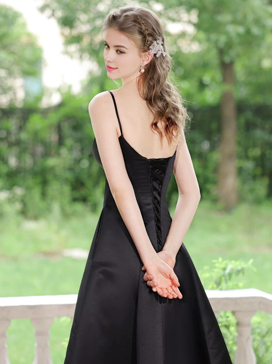 Simple V Neck Satin Tea Length Prom Dress