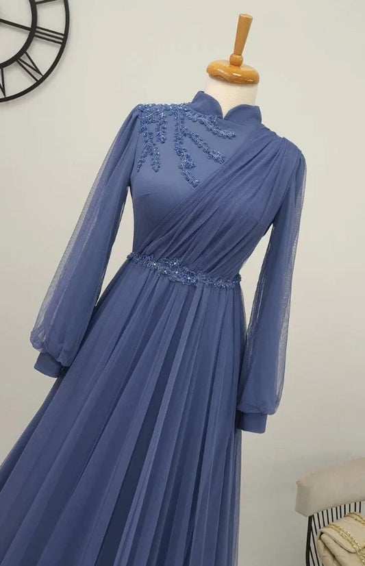 A-line Tulle Appliques Long Sleeve High Neck Prom Dress