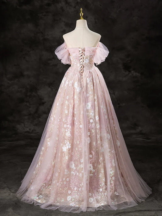 A-line Off Shoulder Tulle Lace Prom Dress