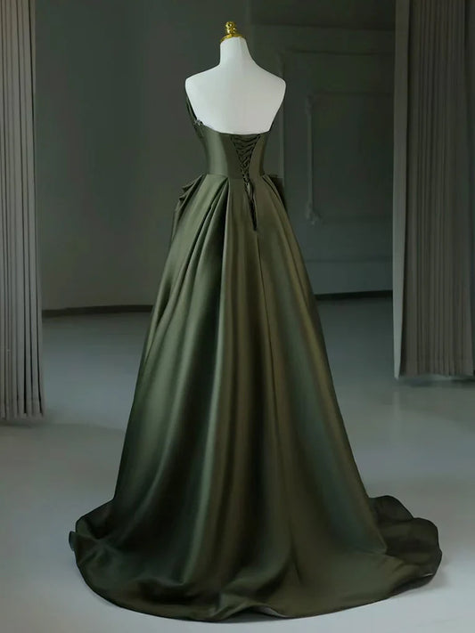 A-line Off-the-Shoulder V Neck Satin Long Prom Dress