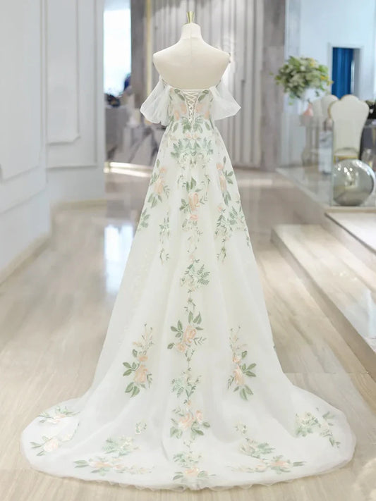 A-line Off Shoulder Tulle Lace Applique Prom Dress