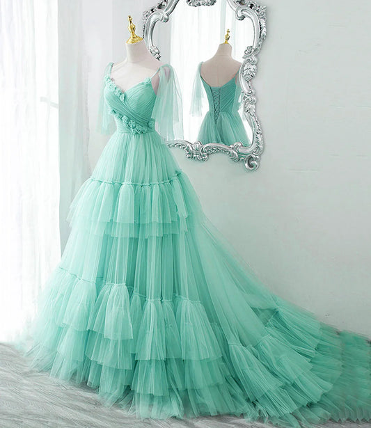 A-line Shoulder Exposed Multi-layer Trailing Prom Dresss