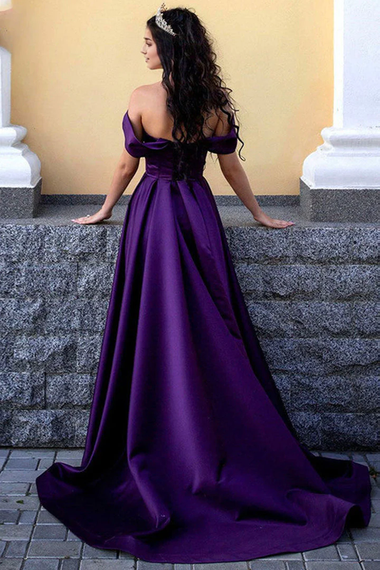 Off-the-Shoulder Satin Prom Dress With Slit