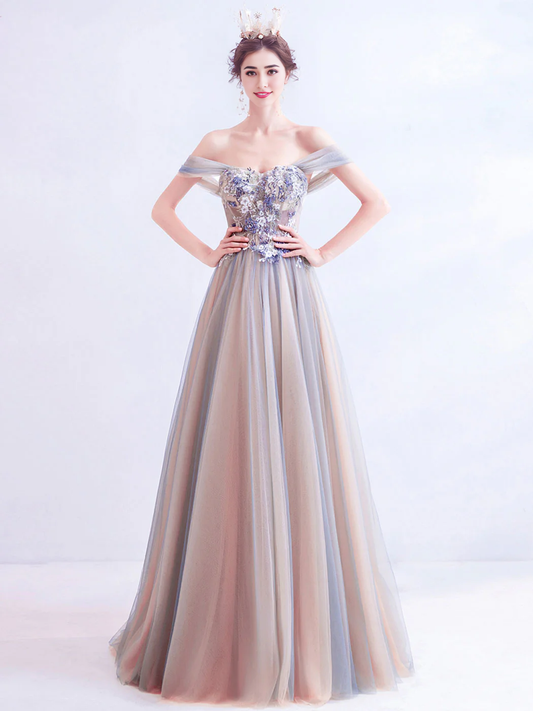 A-line Off Shoulder Lace Prom Dress With Applique