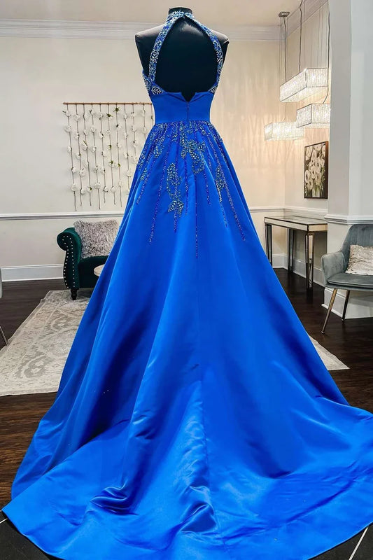 A-Line Royal Blue Satin Beaded Halter Prom Dress