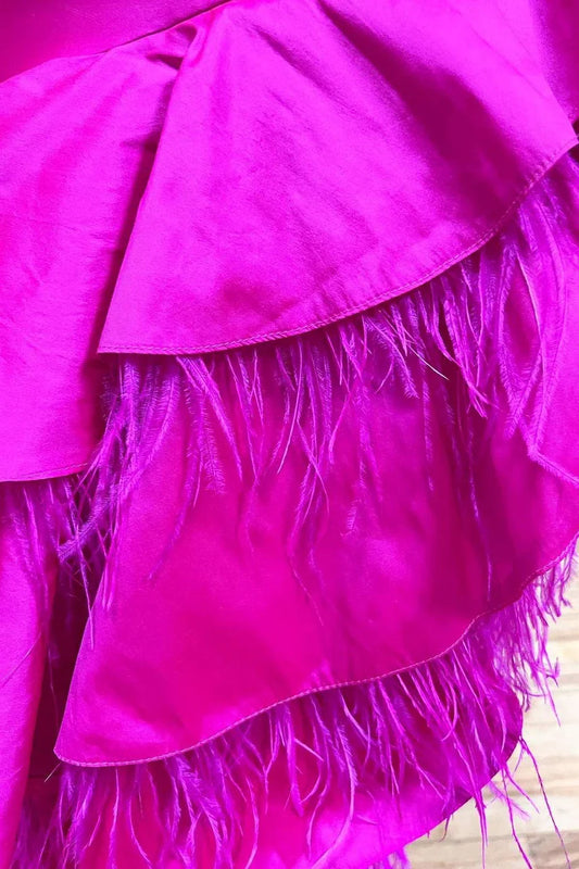 V-Neck High-Low Satin Feather Prom Dress