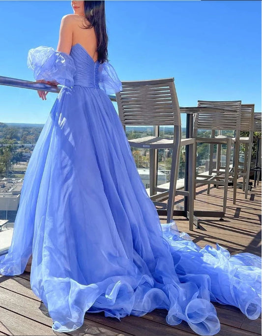 A-Line Strapless Prom Dress with Puff Sleeves