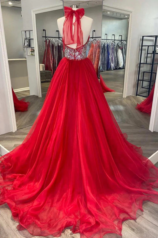 A-Line Beaded Halter Backless Prom Gown