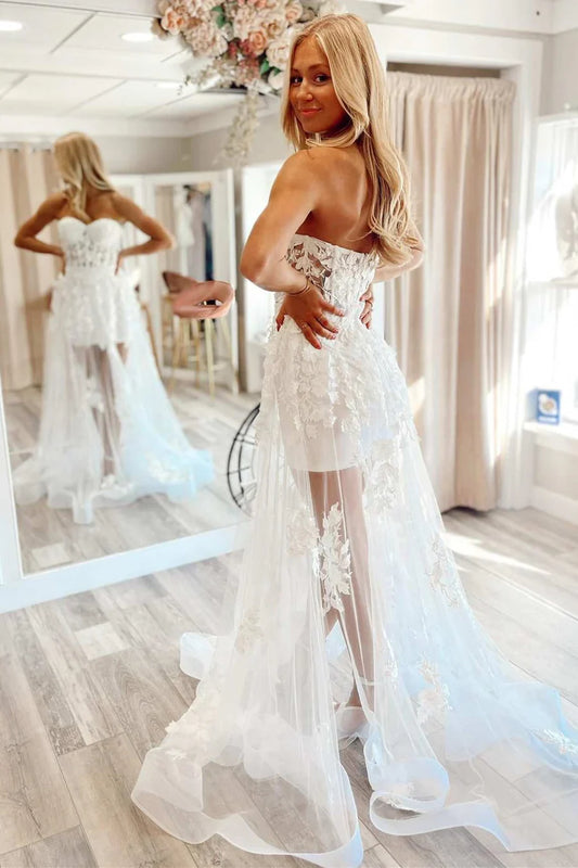 A-Line Sheer Mesh 3D Floral Lace Strapless Prom Dress