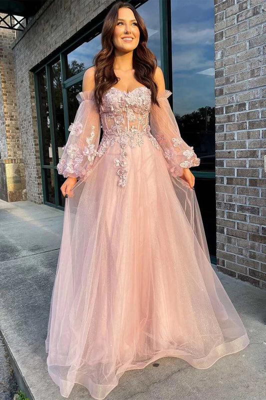 A-LineTulle Strapless Prom Dress with Balloon Sleeves