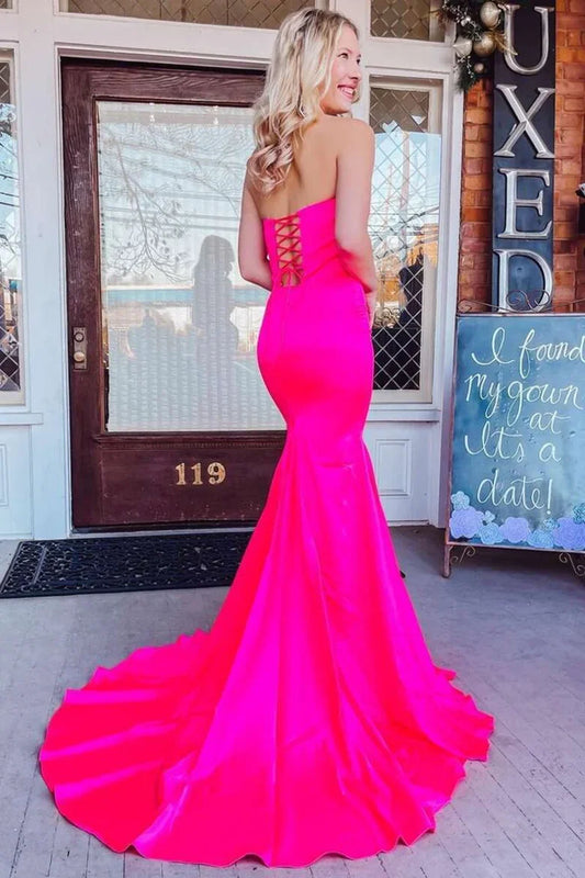 Satin Strapless Lace-Up Back Trumpet Prom Dress