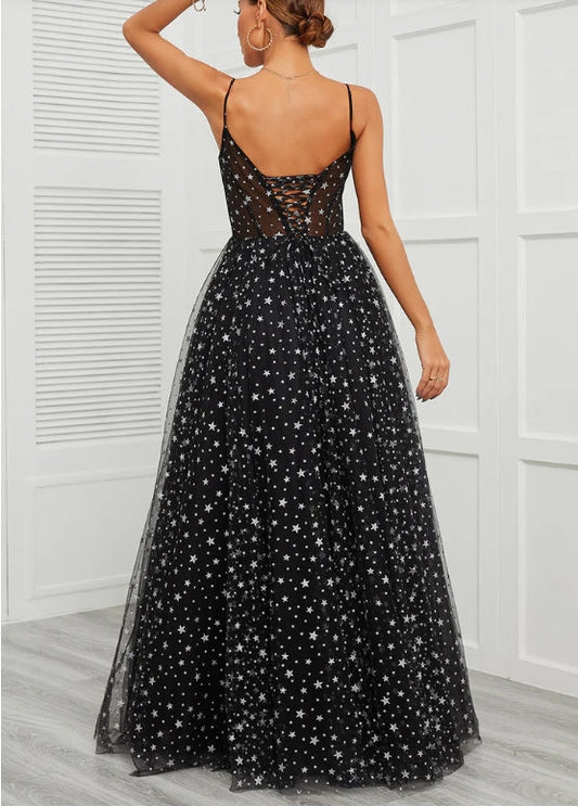 A-Line Sequins Sheer Bodice Prom Dress
