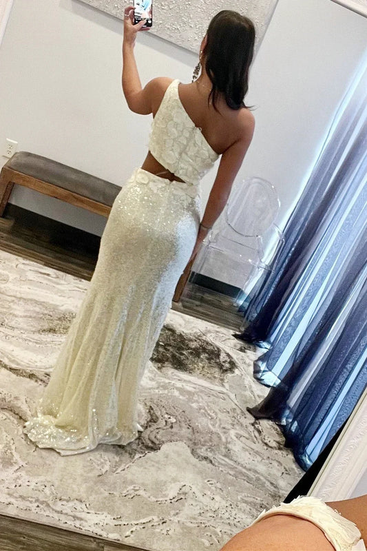 One-Shoulder Cutout Sequin Prom Dress with Floral Applique