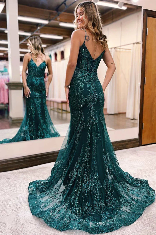 Glitter V-Neck Mermaid Prom Dress With Applique