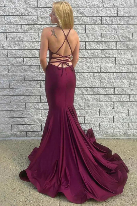 V-Neck Lace-Up Back Mermaid Prom Dress