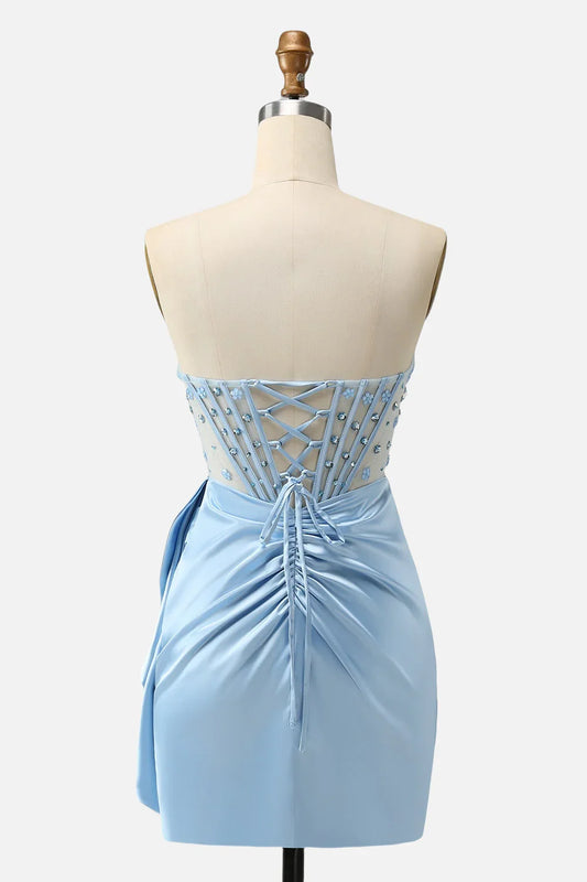 Dress Blue Beaded Ruched Bodycon Short Dress with Shawl Homecoming Dress
