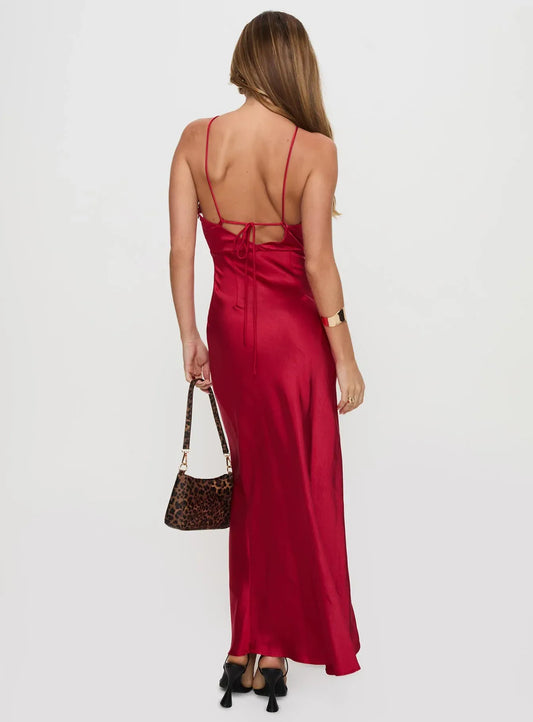 Modern Red Satin Halter Neck Cutout Backless Maxi Dress Sleeveless Prom Dresses