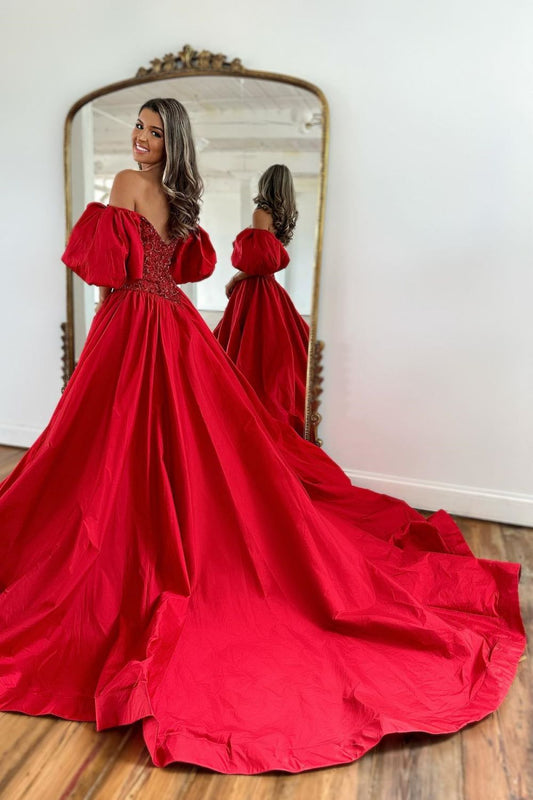 A-Line Off The Shoulder Court Train Satin Prom Dress With Split