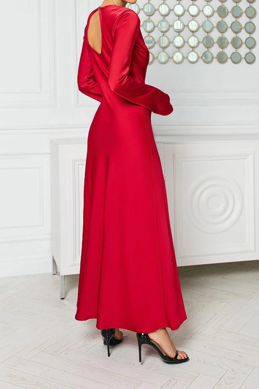 Red Satin Long Sleeve Maxi Dress Evening Dress Round Neck Backless Party Dress