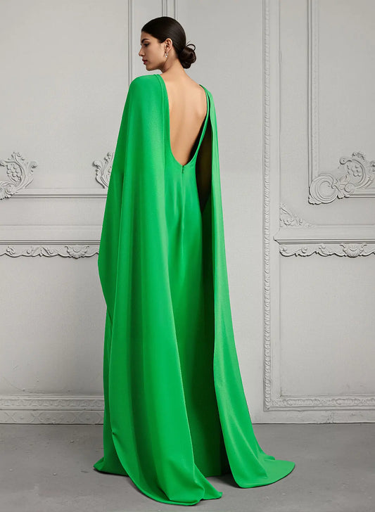 Regal Emerald Green Cape-Sleeve Column Evening Gown with Open Back