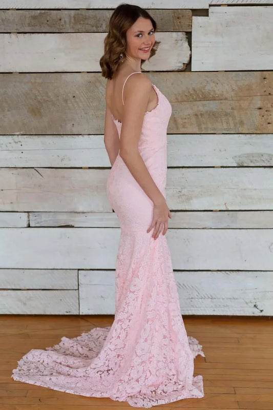 Romantic Spaghetti Strap V-Neck Lace Mermaid Prom Dress With Train