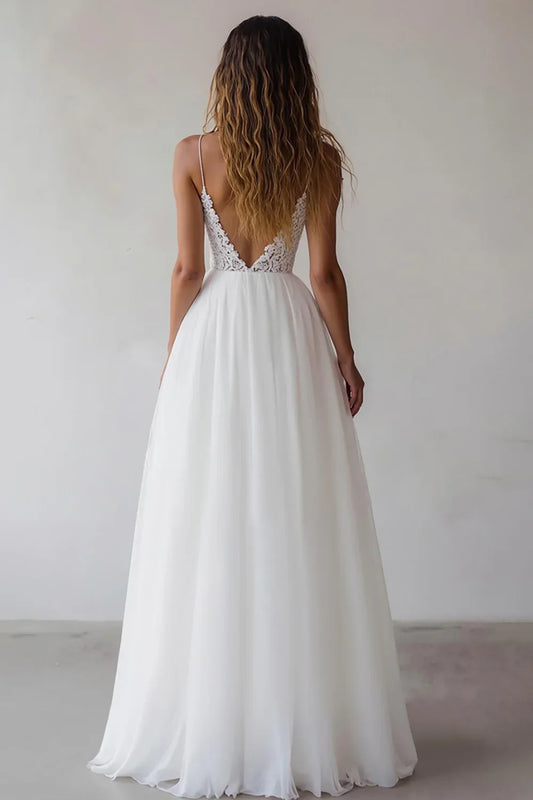 Romantic A Line Spaghetti Straps Sleeveless Appliques Floor-Length Wedding Dress