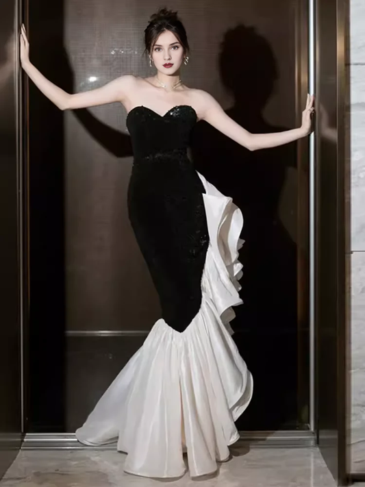 Ruffle Off-the-Shoulder Mermaid Sweetheart Black Satin Prom Dress Long Prom Dresses