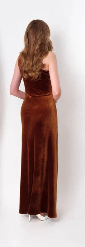 Rust Gold Velvet Long Dress One Shoulder Sleeveless Dress Slit Velvet Dress Bridesmaid Velvet Dress Wedding Guest Dress Evening Dress