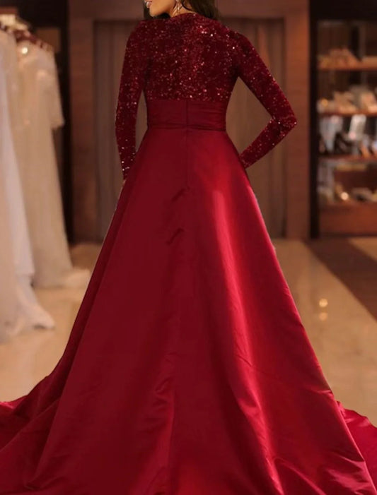 A-Line Evening Gown Sparkle Red Green Dress Formal Cocktail Party Court Train Long Sleeve High Neck Fall Wedding Guest Satin with Sequin