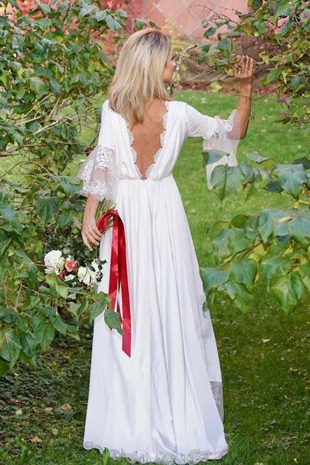 Formal Women's Dresses A-Line V-Neck V Back 3/4 Sleeves Satin Boho Wedding Dress with Lace Prom Dresses Stores