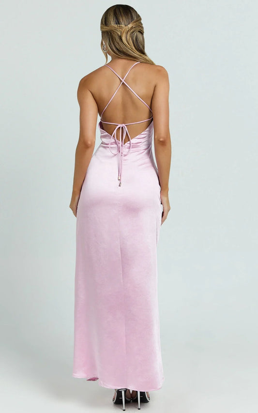 Satin Mermaid Trumpet V Neck Elegant Ruched Bust Tie Back Prom Dress Ankle-Length Sleeveless Formal Evening Gown Hot Sale Bridesmaid Dresses for Women