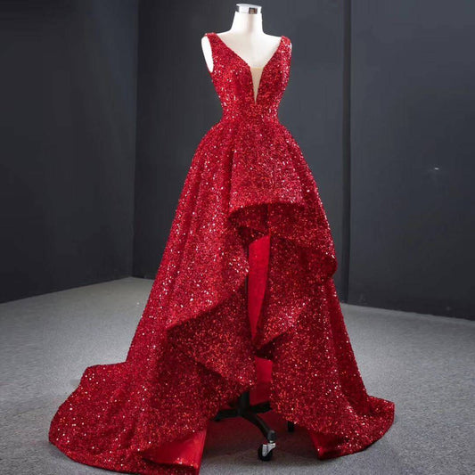 Sequins Asymmetrical Evening Dresses Sleeveless Deep V Neck With Train