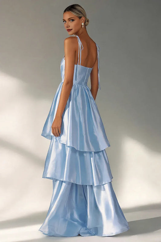 Sexy A Line Spaghetti Straps Sleeveless Tiered Satin Floor-Length Prom Dress