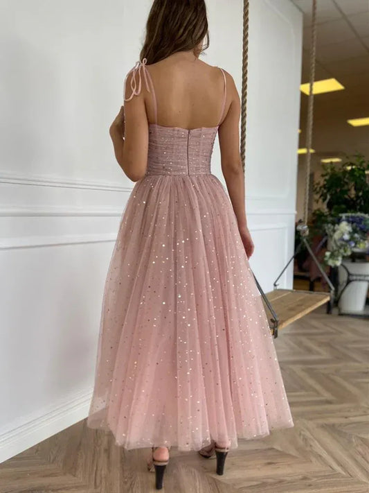 Shiny Spaghetti Straps Sleeveless A-Line Sequins Tulle Ankle-Length Prom Dress
