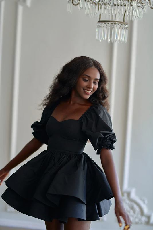 Short Sleeved Square Neck Tight Corset With A-line Multiple Layers Homecoming Dress