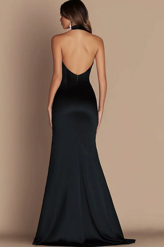Simple A-Line Halter Neck Sleeveless Satin Floor-Length Evening Dress