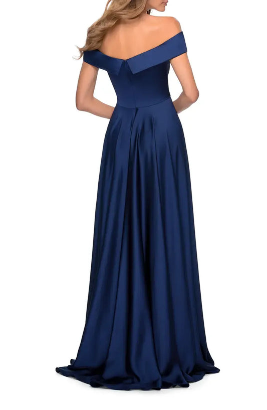 Simple A-Line Off the Shoulder Cap Sleeve Satin Floor-Length Prom Dress