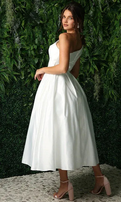 Simple A-Line One-Shoulder Sleeveless Satin Tea-Length Prom Dress
