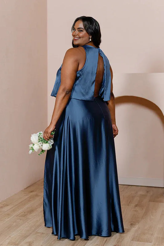 Simple A-Line Scoop Neck Sleeveless Satin Floor-Length Plus Size Prom Dress