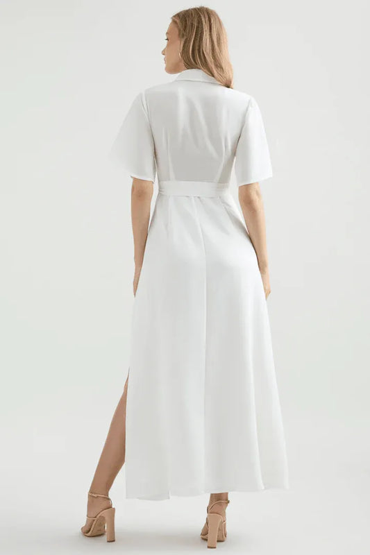 Simple A-Line Shirt Collared Short Sleeves High Split Floor-Length Wedding Dress