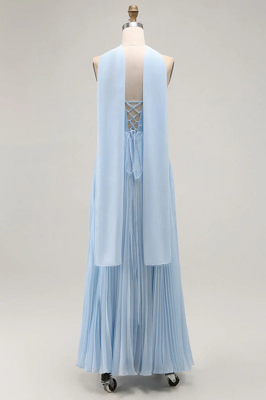 Simple A Line Strapless Sleeveless Chiffon Pleated Floor-Length Prom Dress