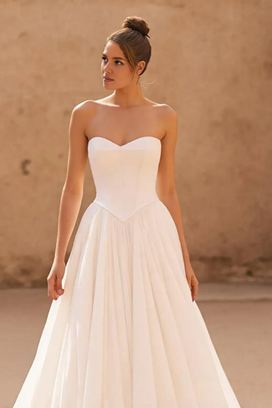 Simple A Line Sweetheart Sleeveless Pleated Lace Up Sweep Train Wedding Dress