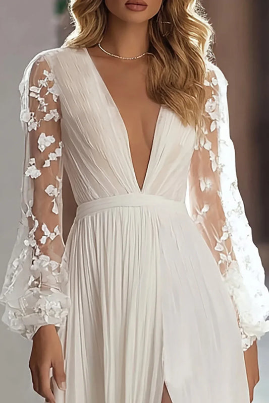 Simple A Line V-Neck Long Sleeve Pleated Lace Up Sweep Train Wedding Dress