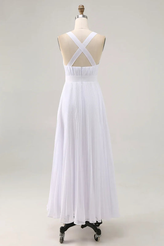 Simple A Line V Neck Sleeveless Pleats Chiffon Ankle-Length Wedding Dress
