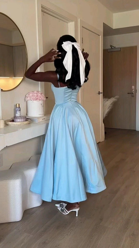 Simple Blue Satin Tea-Length Homecoming Dressess Spaghetti Straps