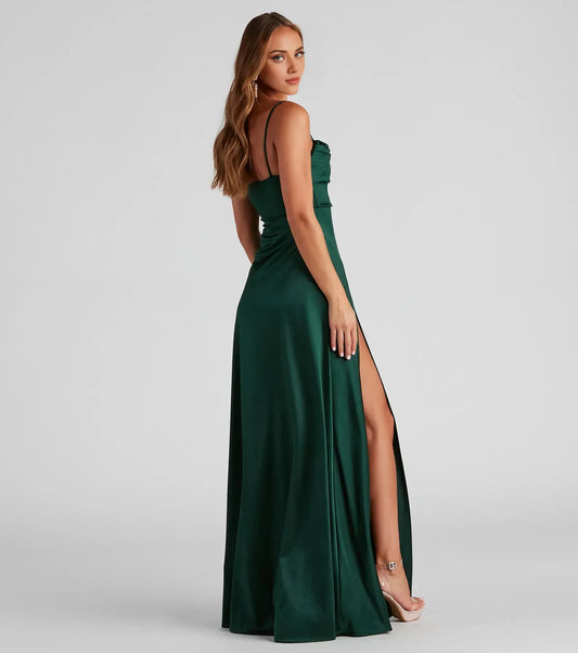 Simple Fitted Cowl Neck Sleeveless Satin Floor-Length Prom Dress