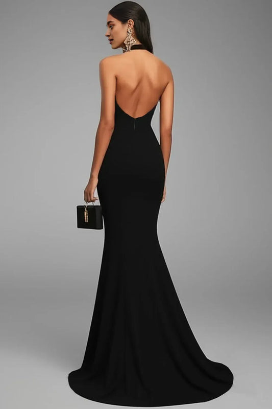 Simple Mermaid/Trumpet Halter Neck Sleeveless Satin Sweep/Brush Train Evening Dress