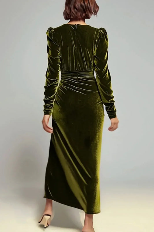 Simple Sheath/Column Deep V-Neck Long Sleeve Velvet Ankle-Length Evening Dress