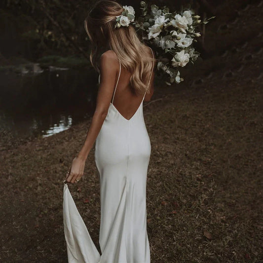 Simple V Neck Spaghetti Straps Mermaid Beach Minimalist Wedding Dresses