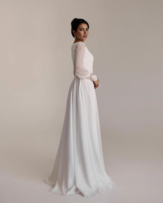 Simple Wedding Dress Floor Length Casual Wedding Dress Reception Dress Round Neck Long Sleeves Elopement Dress Wedding Gown